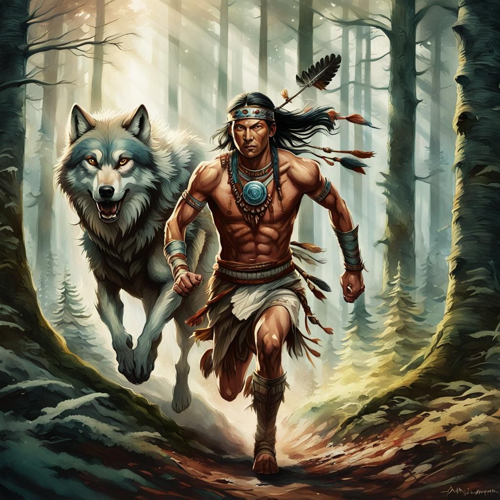 Native American Warrior and Wolf in Watercolor Style