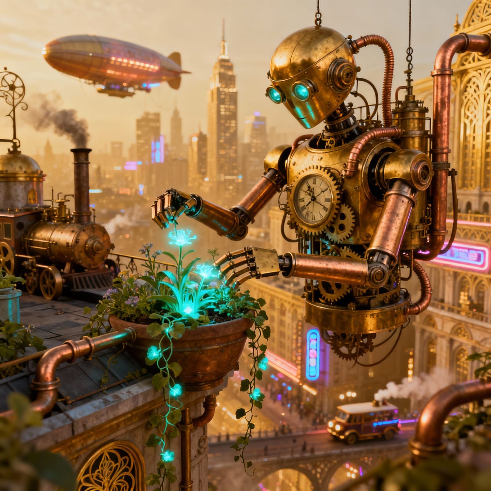 Automaton Tends Rooftop Garden in Retro-Futuristic City