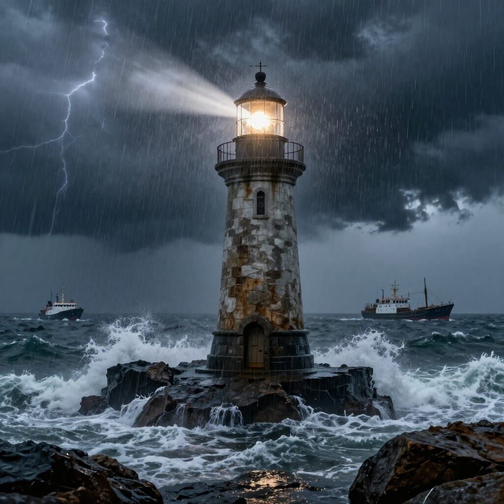 Dramatic Lighthouse Beam Pierces Thunderstorm at Sea