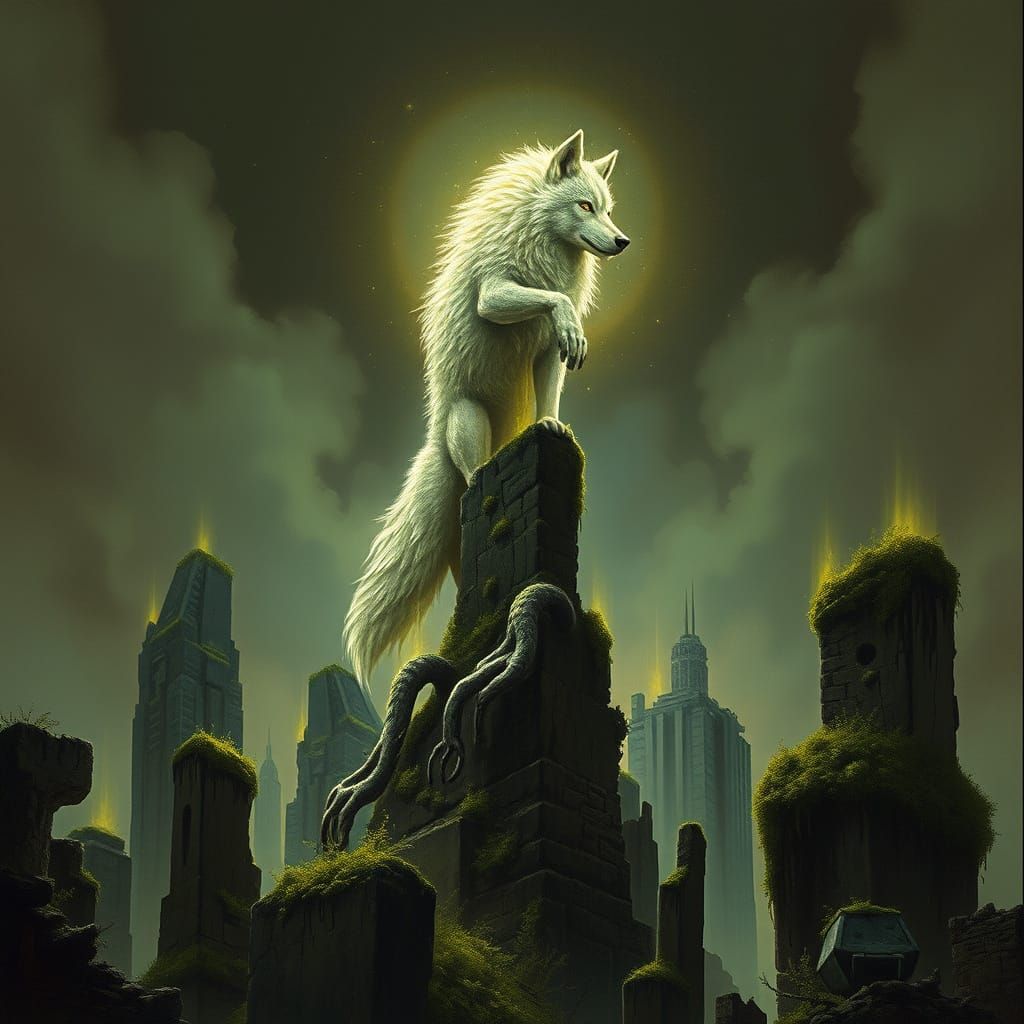 Ethereal Wolf Spirit in Post-Apocalyptic Ruins