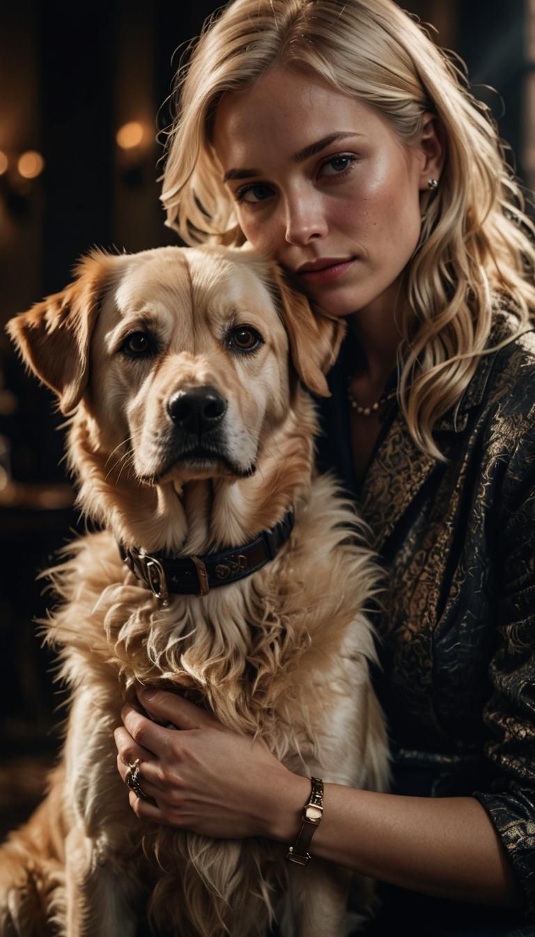 Hyperrealistic Portrait: Woman and Dog in Cinematic Style