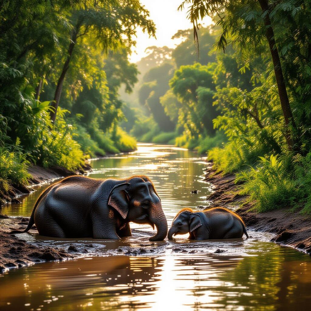 Elephant Family Wallowing in Muddy River Jungle