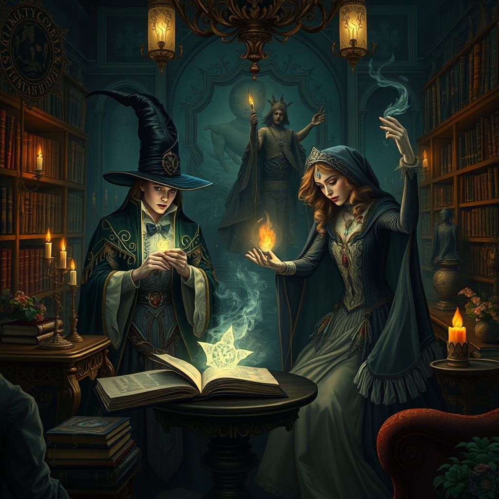 Victorian Wizards Casting Spells in Ornate Chamber