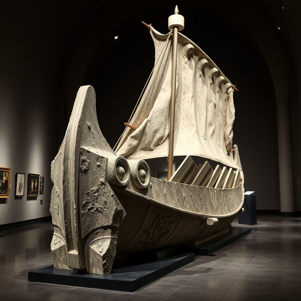 Ancient Greek Warship Sculpture in Brutalist Style