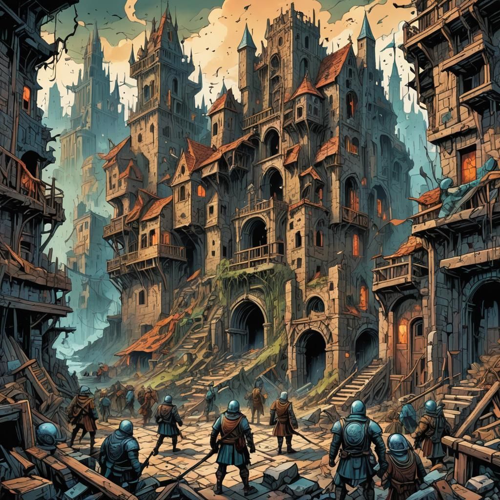 Dystopian City Ruins as Naive Art Vector Illustration