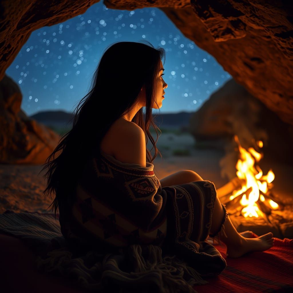 Cheyenne Woman Contemplates Starlit Desert Night