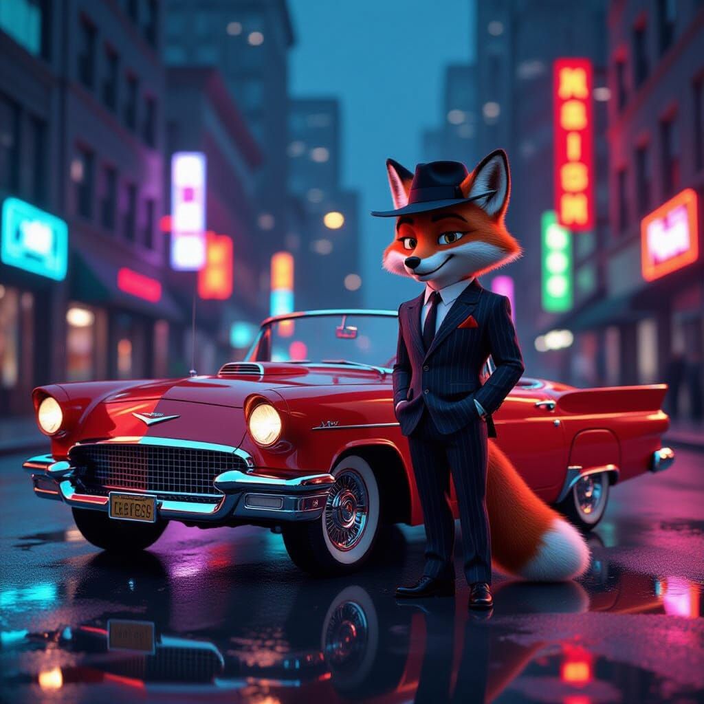 Fox in Suit with Vintage Car, Film Noir Style