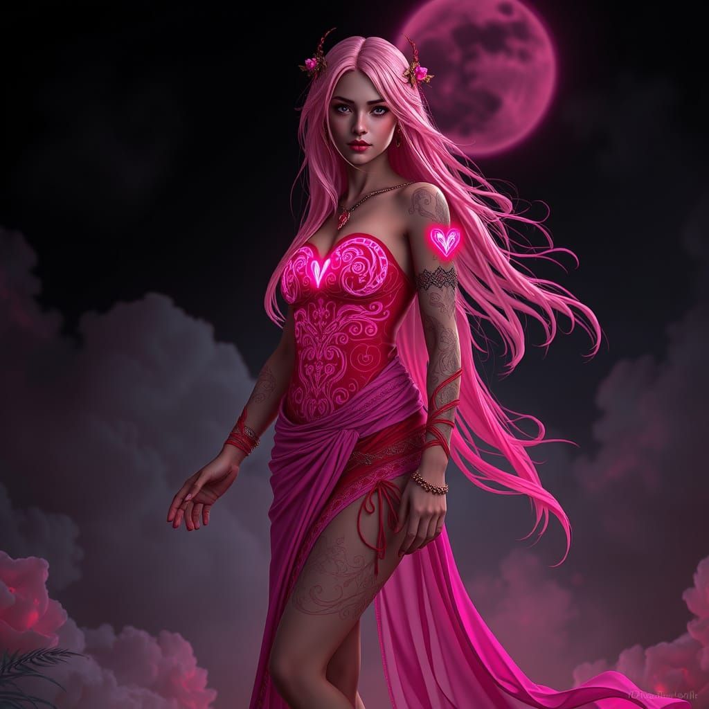 Goth Venus in Pink Toga and Red Dress with Bioluminescent Ta...