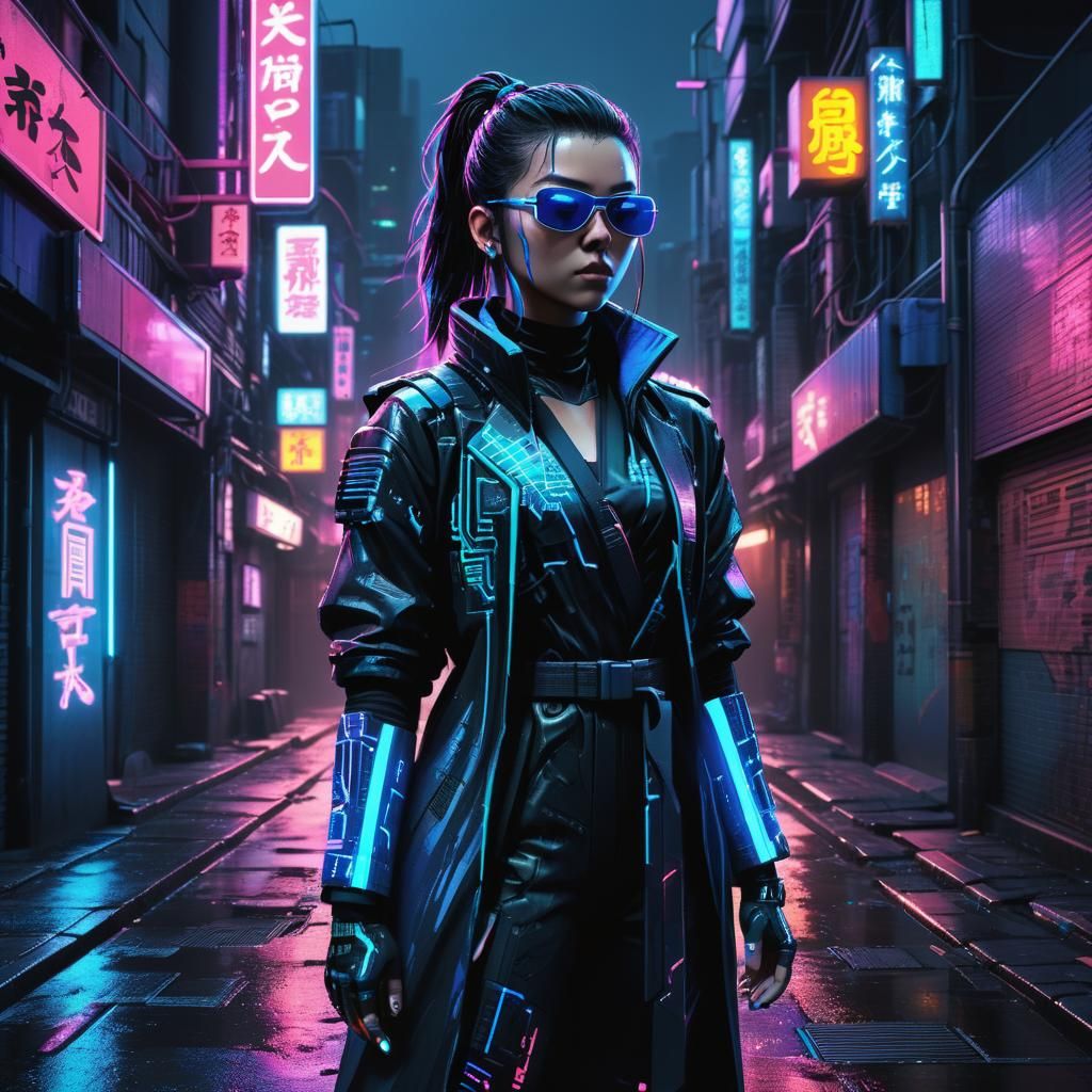 Cyberpunk Ninja in Neon Alleyway