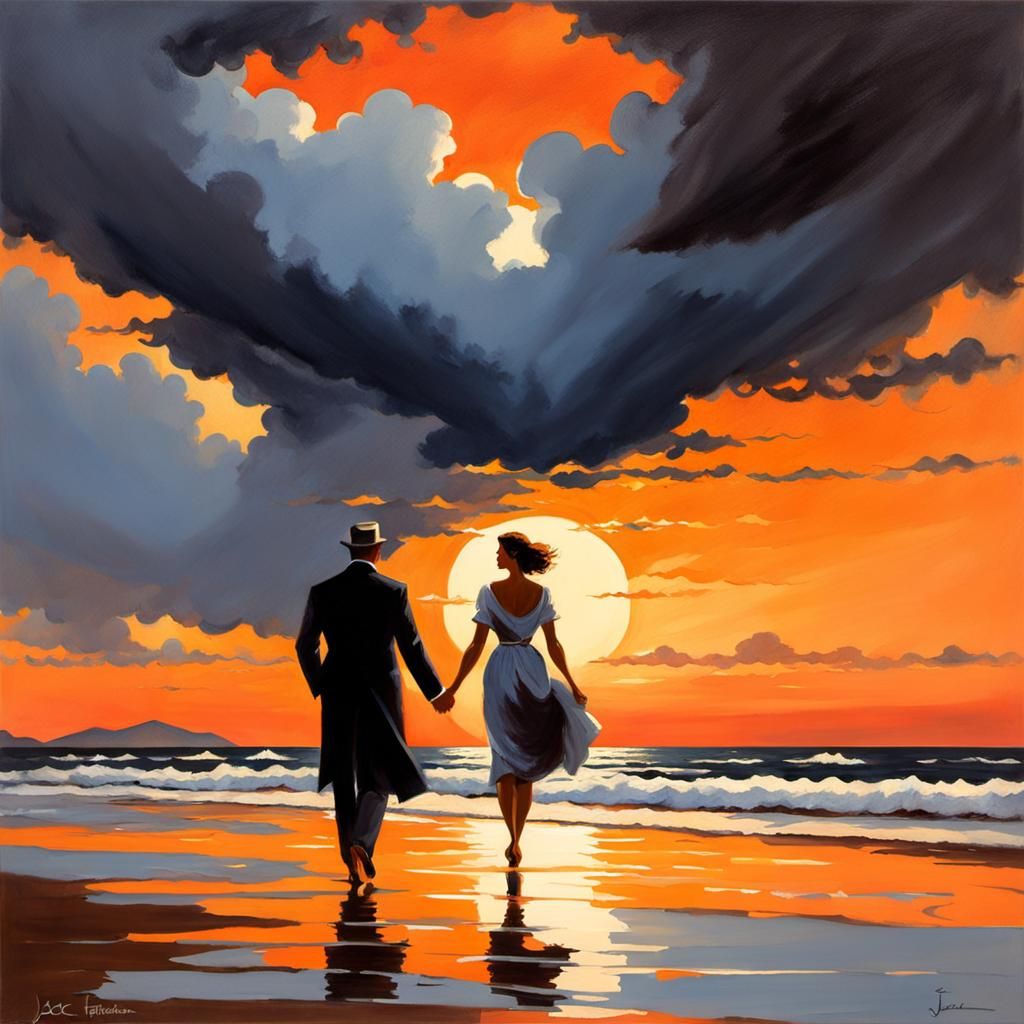 Elegant Couple on Beach at Sunset: Gouache Style