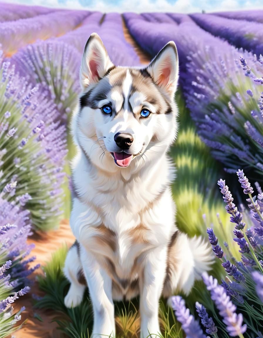 Siberian Husky Lavender Field Watercolor