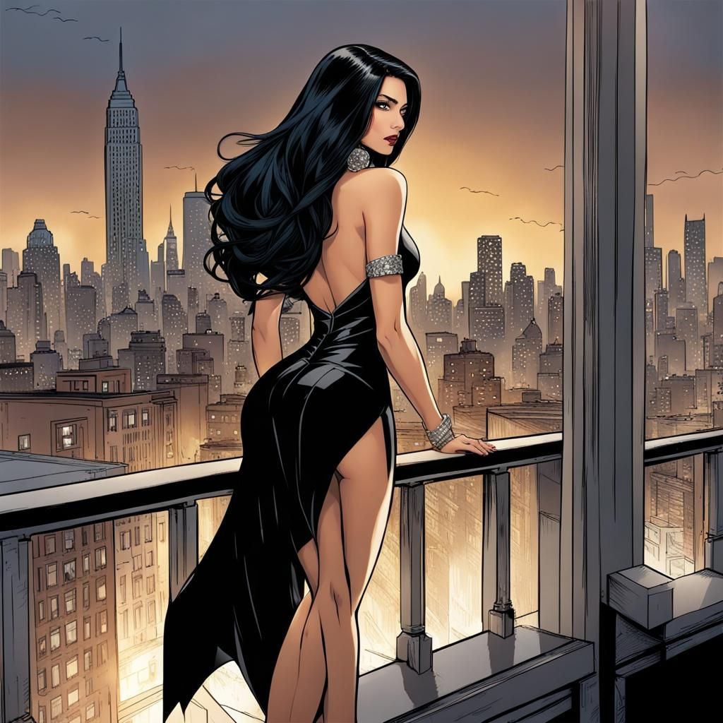 Latina Woman Overlooking Gotham in Marvel Comic Style