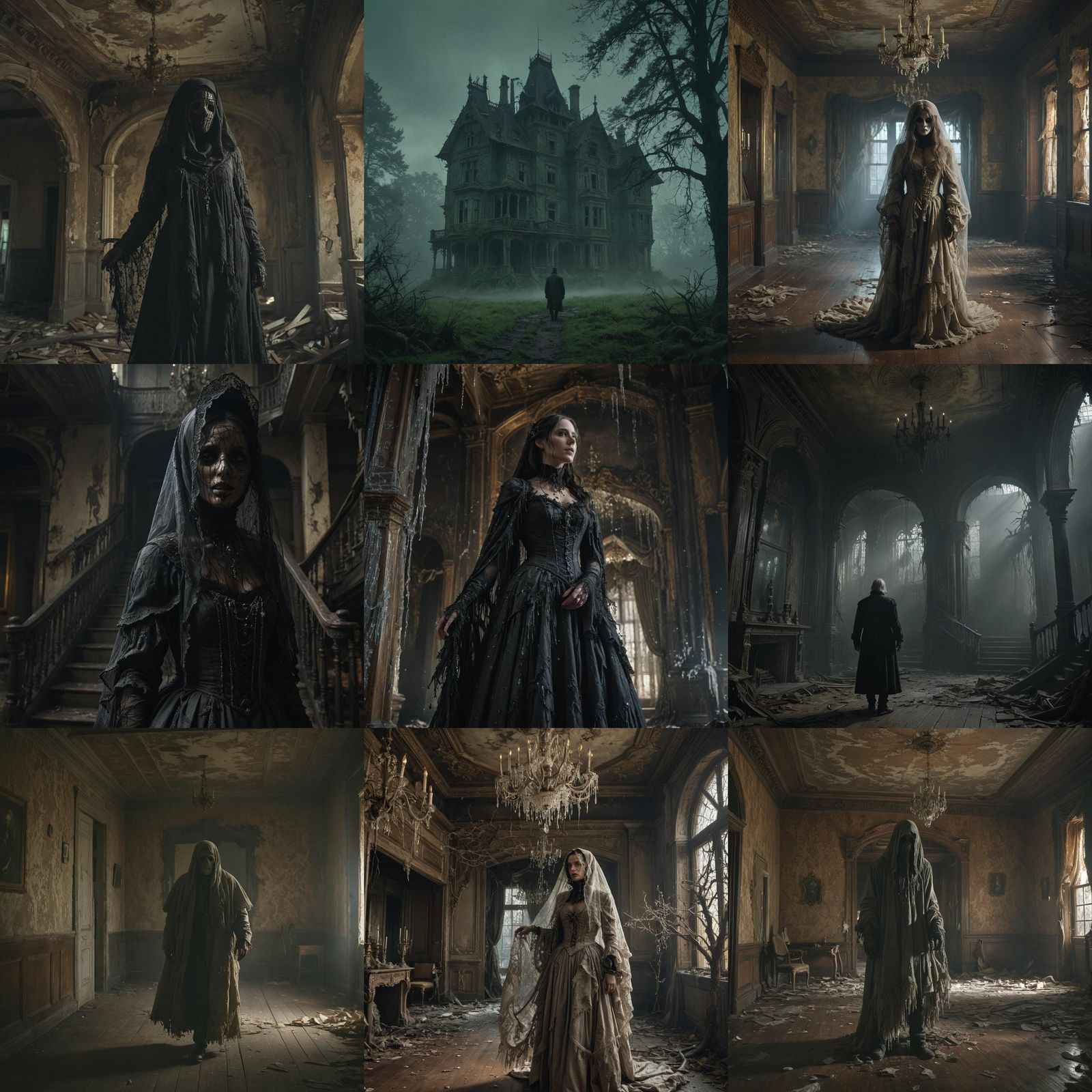 Ghostly Figure in Decaying Victorian Mansion: Hyperrealistic...