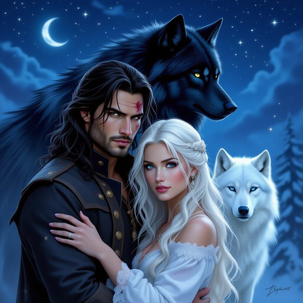 Fantasy Couple and Wolves in Ethereal Mist