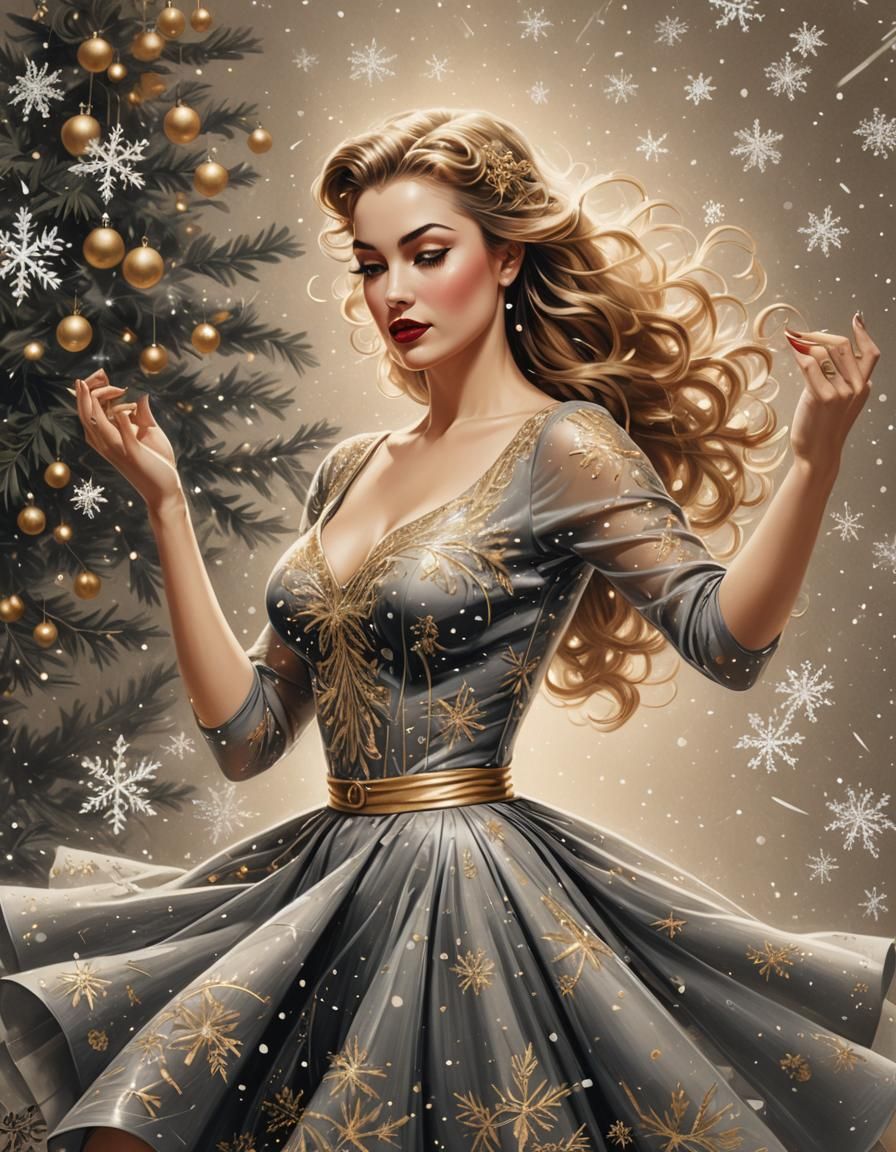 Festive Pin-Up Girl in Vargas Style Charcoal Art