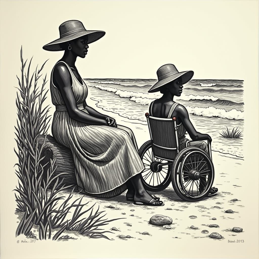 Monochromatic Linoleum Block Print of Beach Scene