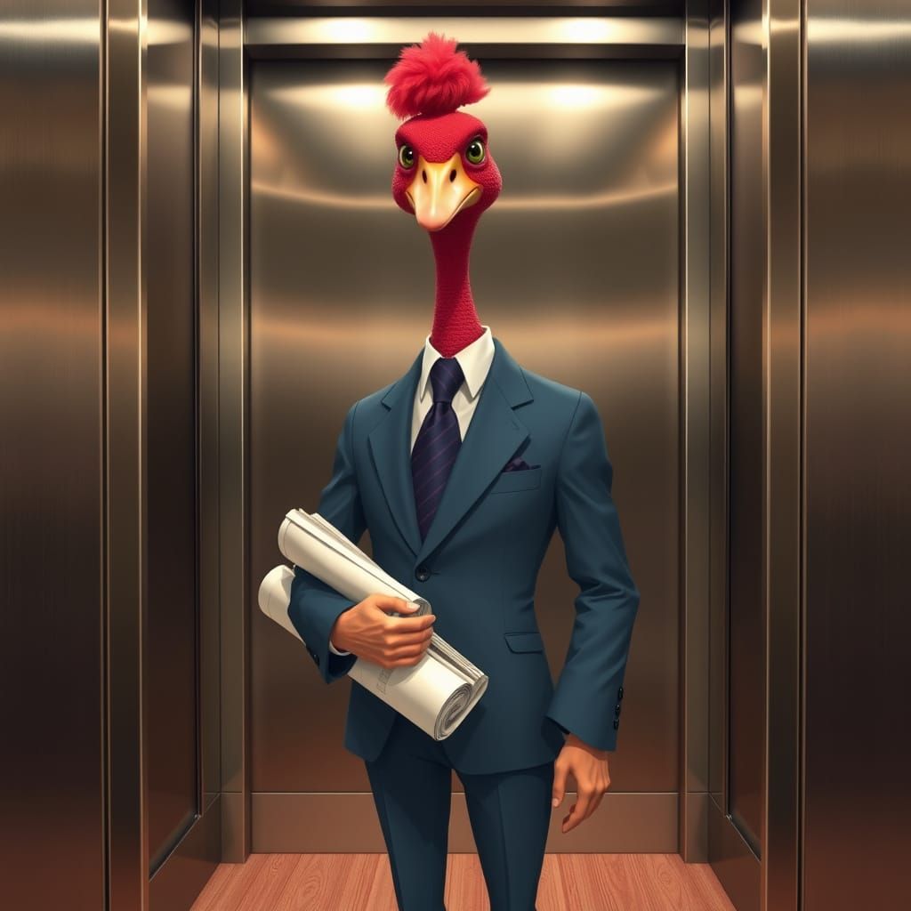 Gooseberry Businessman in Elevator, Whimsical Art