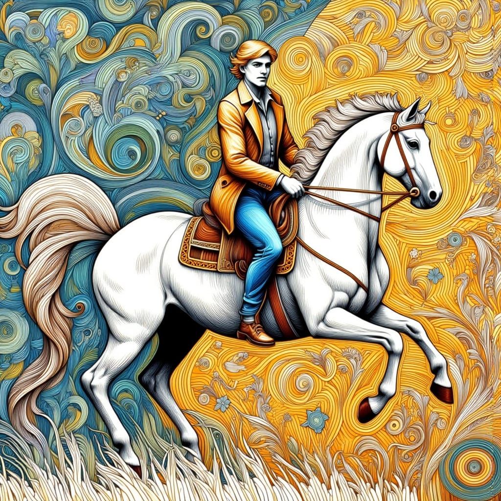 Man on Rearing Horse in Abstract Geometric Background