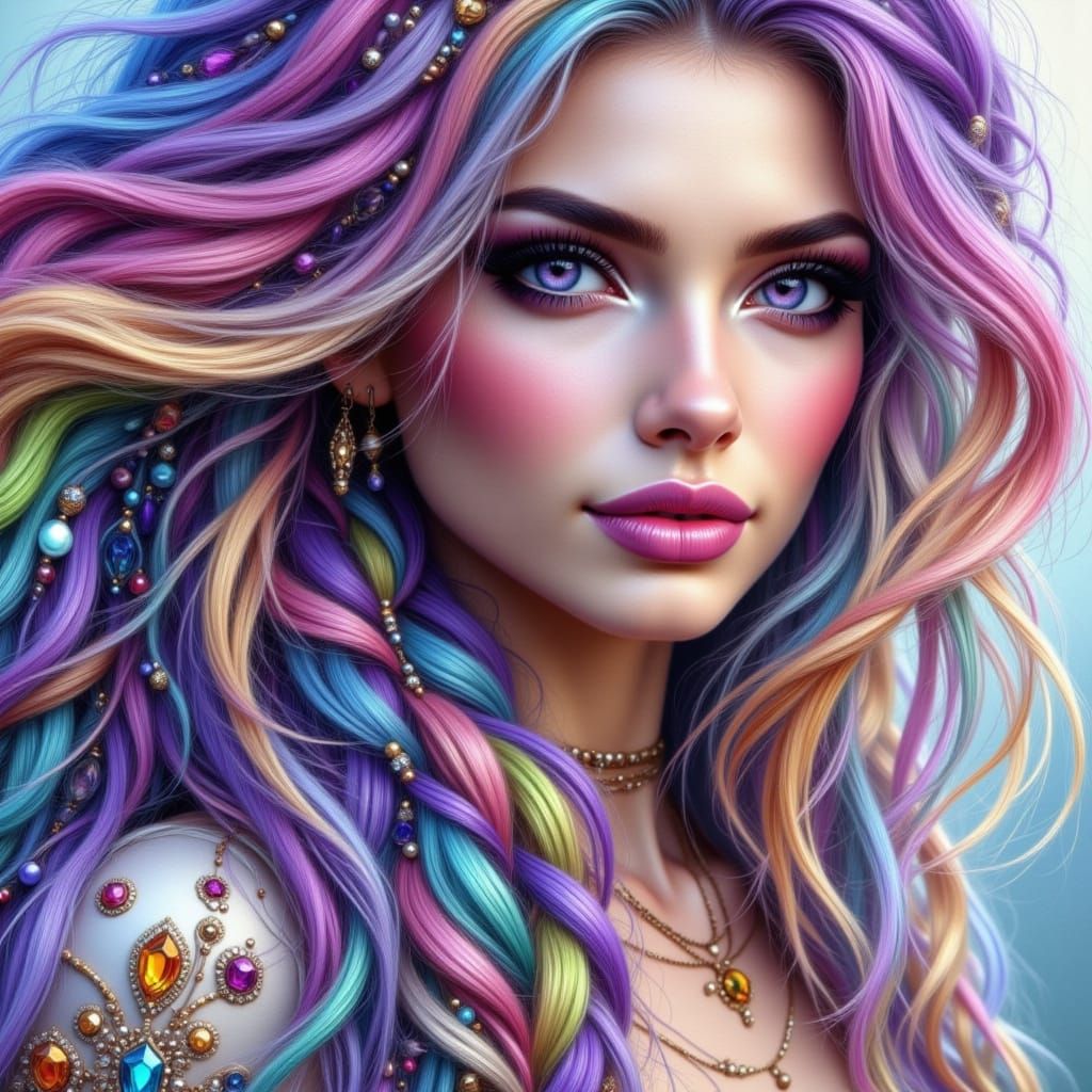 Glamorous Dragon Lady with Rainbow Hair and Gemstones