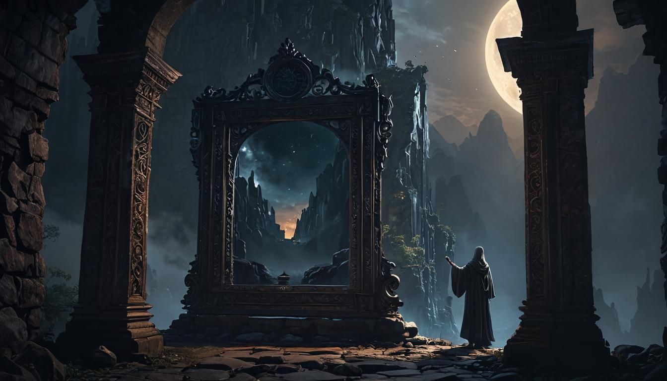 Mystical Portal: Cloaked Figure Emerges in Dark Fantasy Art