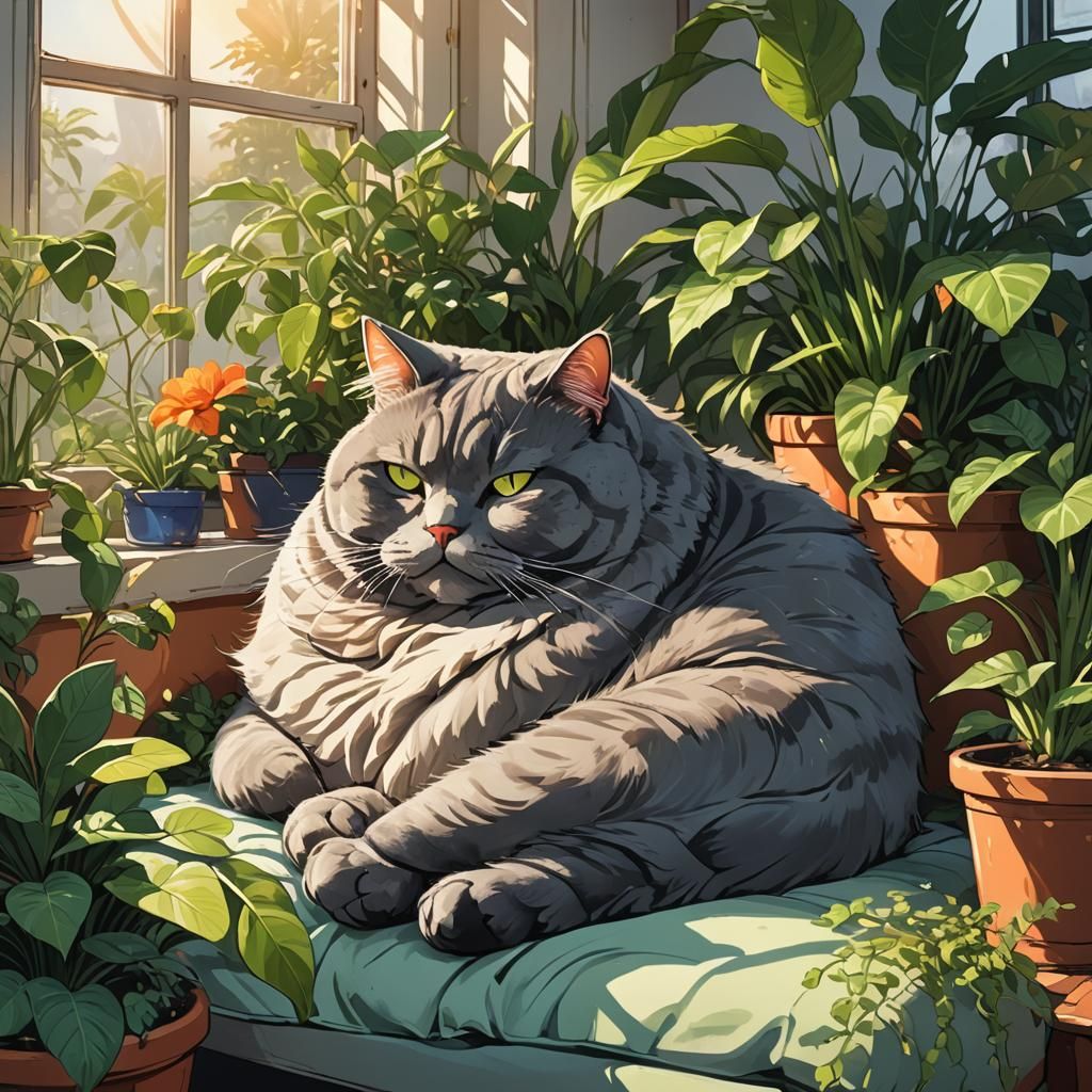 Grumpy Grey Cat Sleeping in Sunlit Room