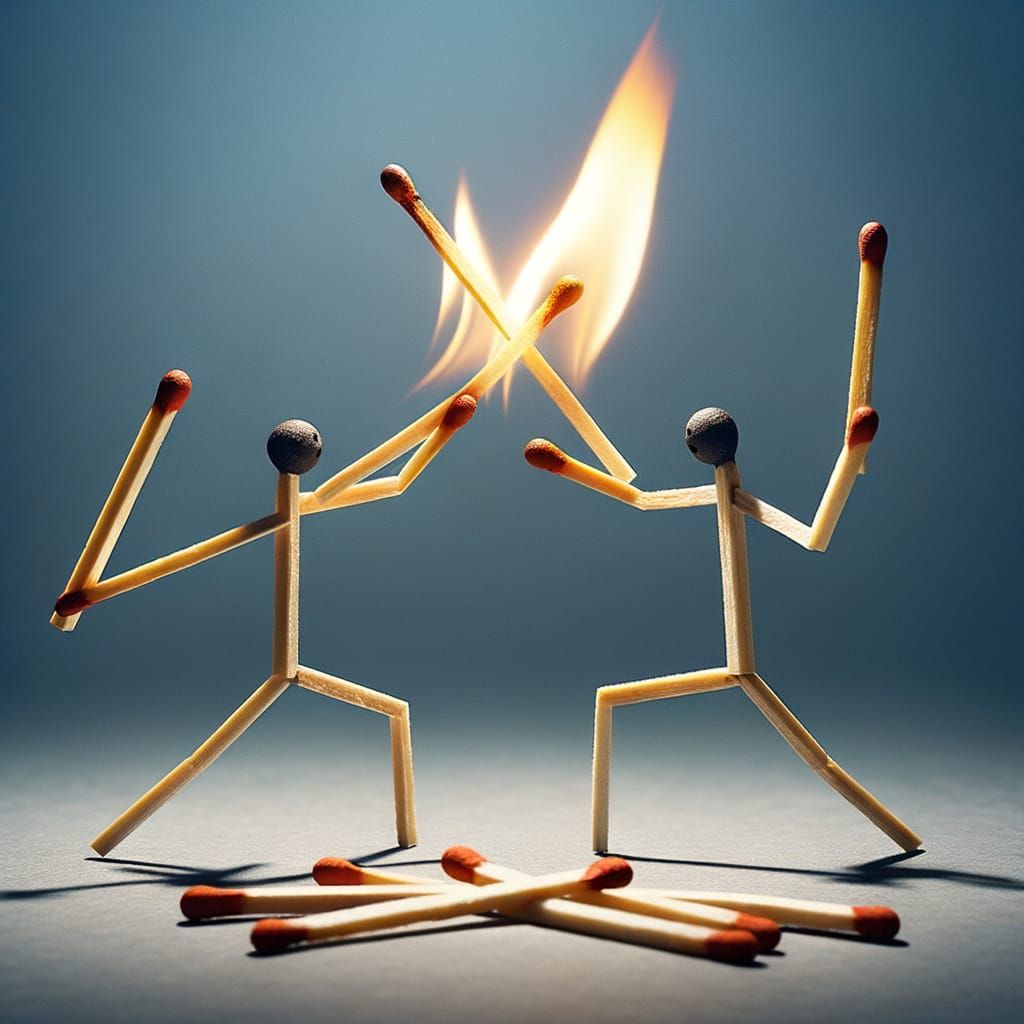 Whimsical Matchstick Figures Duel with Fire