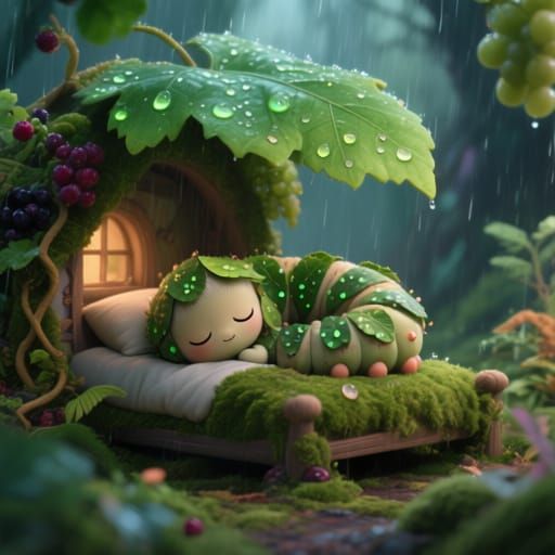 Curled asleep chibi caterpillar under a leafy canopy.