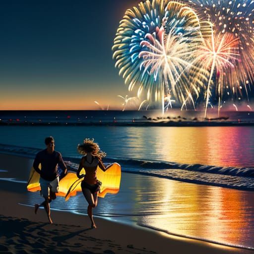 Impressionistic Beach Scene with Fireworks at Night