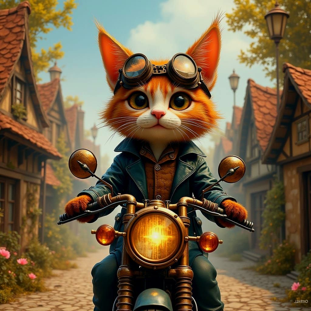 Steampunk Cat on Motorcycle in Whimsical Village