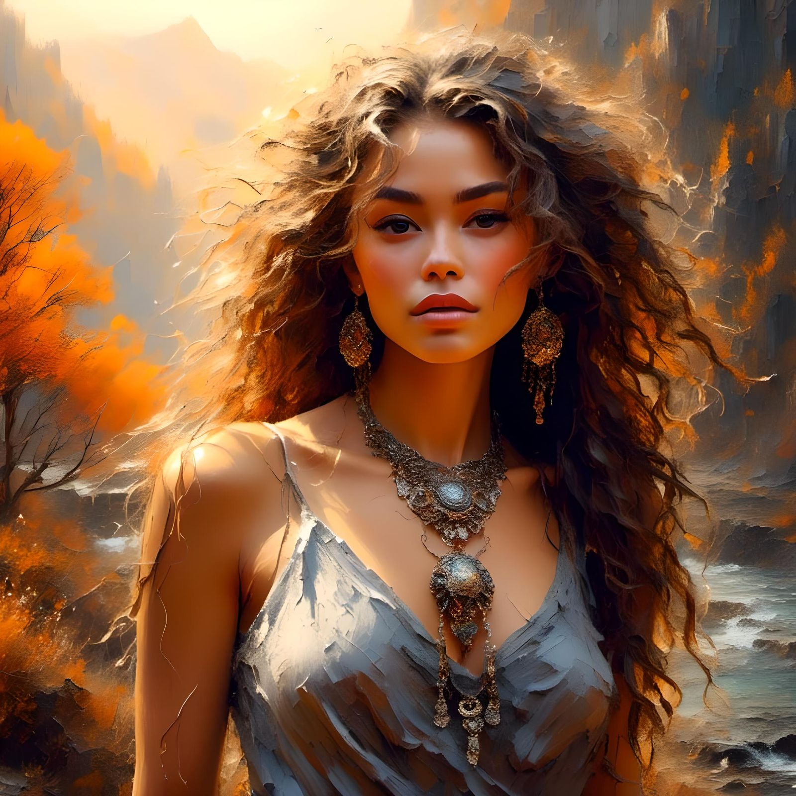 Ethereal Woman in Autumnal Sunset Digital Art