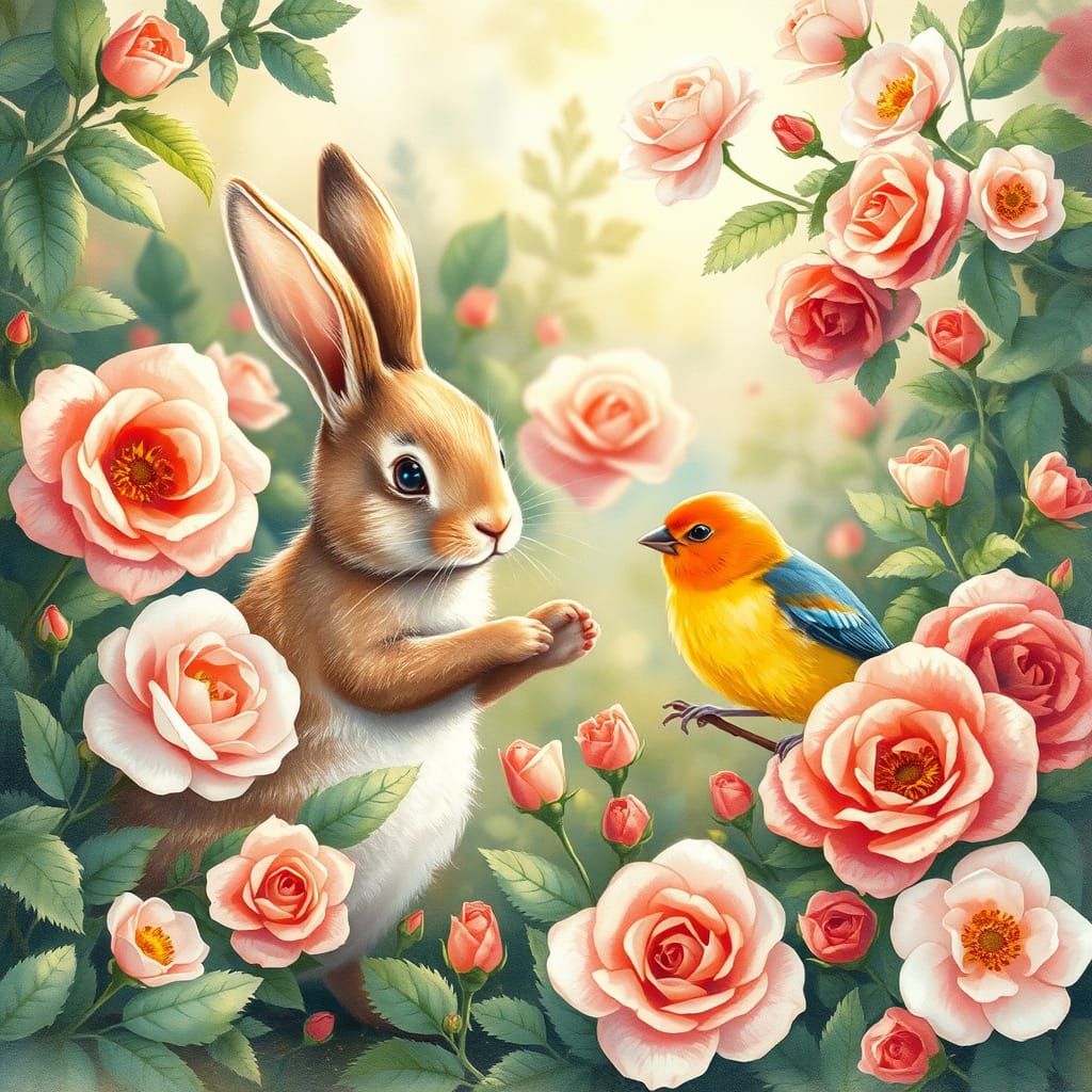 Rabbit and Finch in Rose Garden, Watercolour Illustration