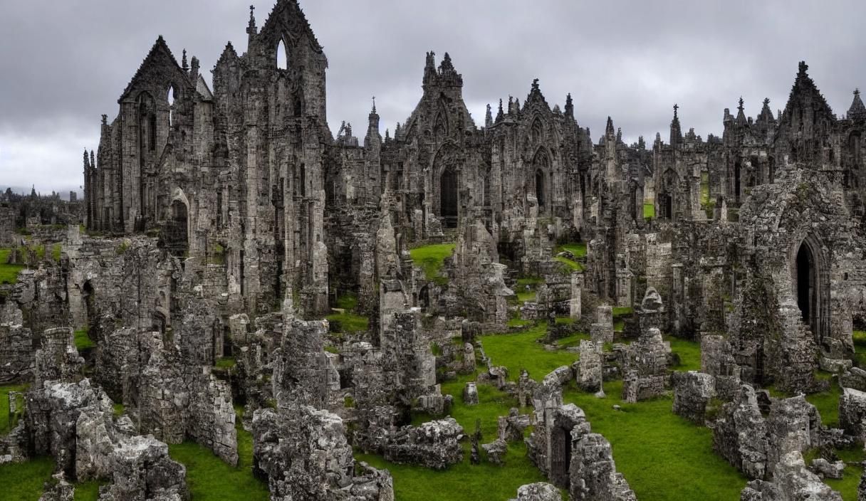 Somber Hearse Scene with Stone Church