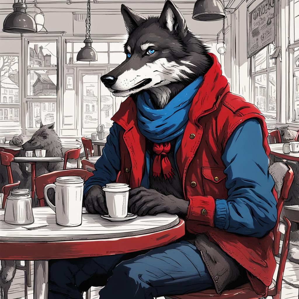 Anthropomorphic Wolf in Cafe, Digital Art