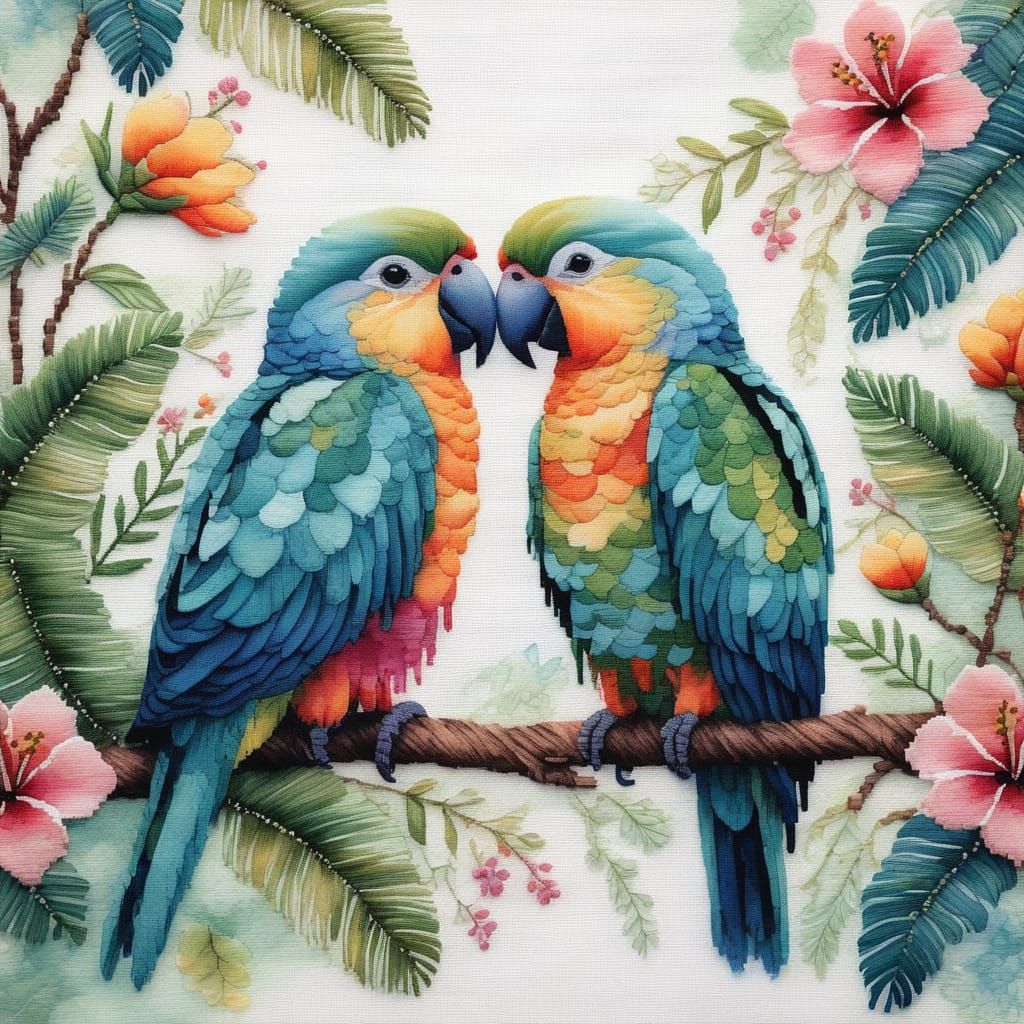 Whimsical Watercolor Love Birds on Tropical Branch