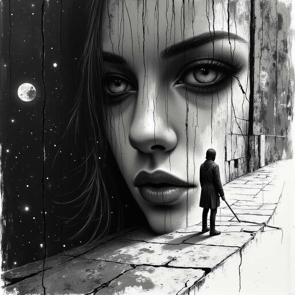 Gothic Pen and Ink Drawing of Homeless Woman in Starlight