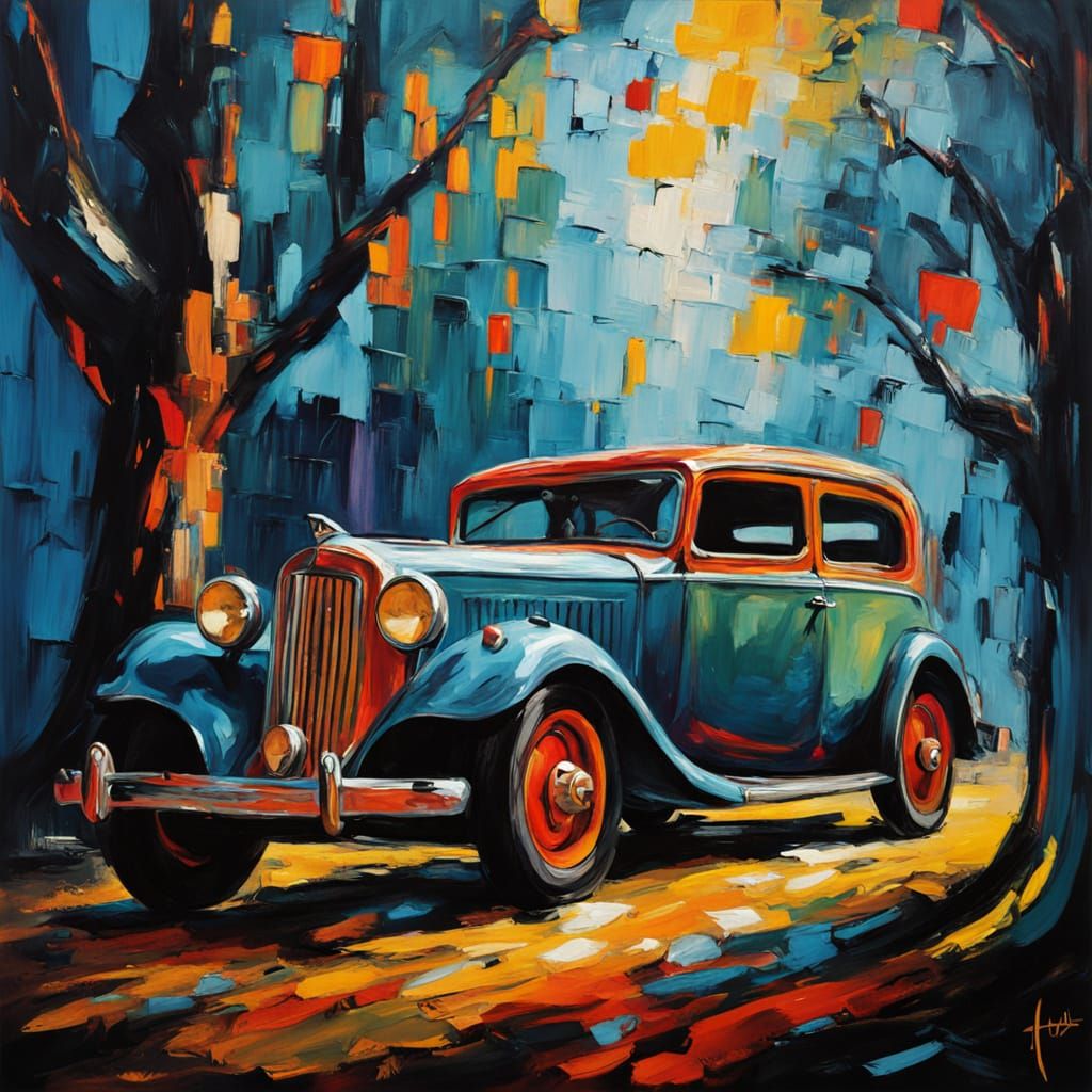 Neo-Expressionist Oil Painting of a Vintage Car