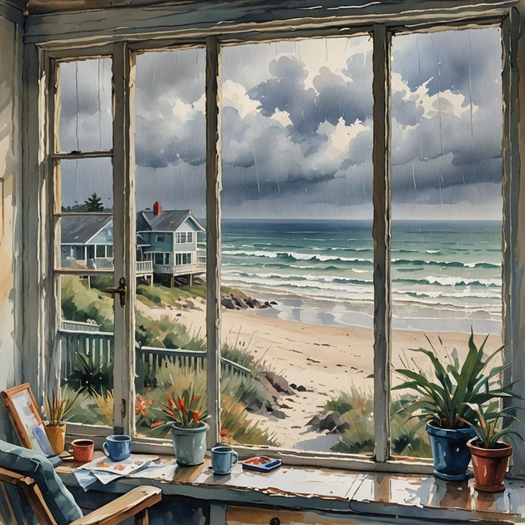 Rainy Beach Day in Impressionist Gouache Style