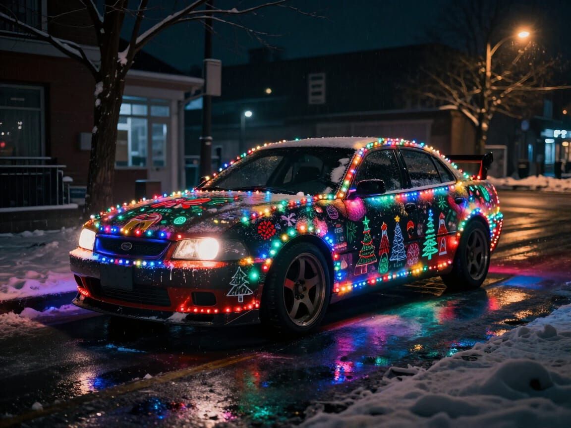 Christmas Tuner Car on Snowy Street