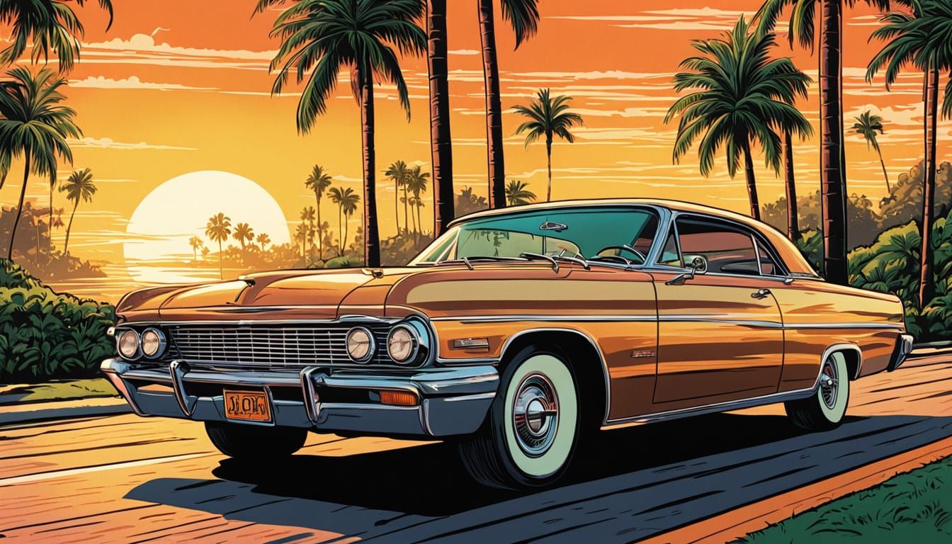 Vintage Car in Retro Comic Book Art Style