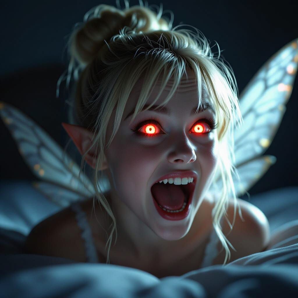 Eerie Fairy with Glowing Red Eyes in Dark Bedroom