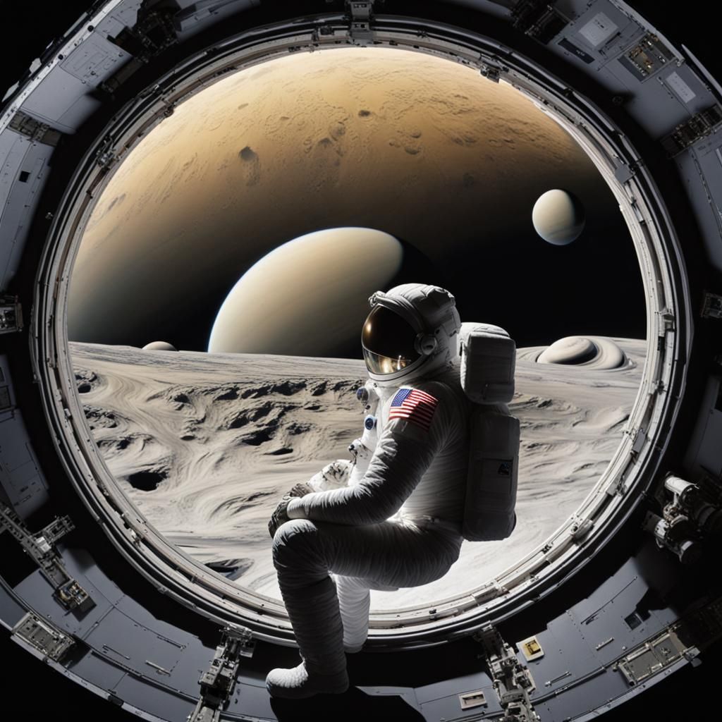 Astronaut Watching Earth from Saturn's Rings