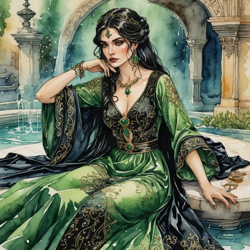 Regal Sorceress in Fantasy Watercolor Scene
