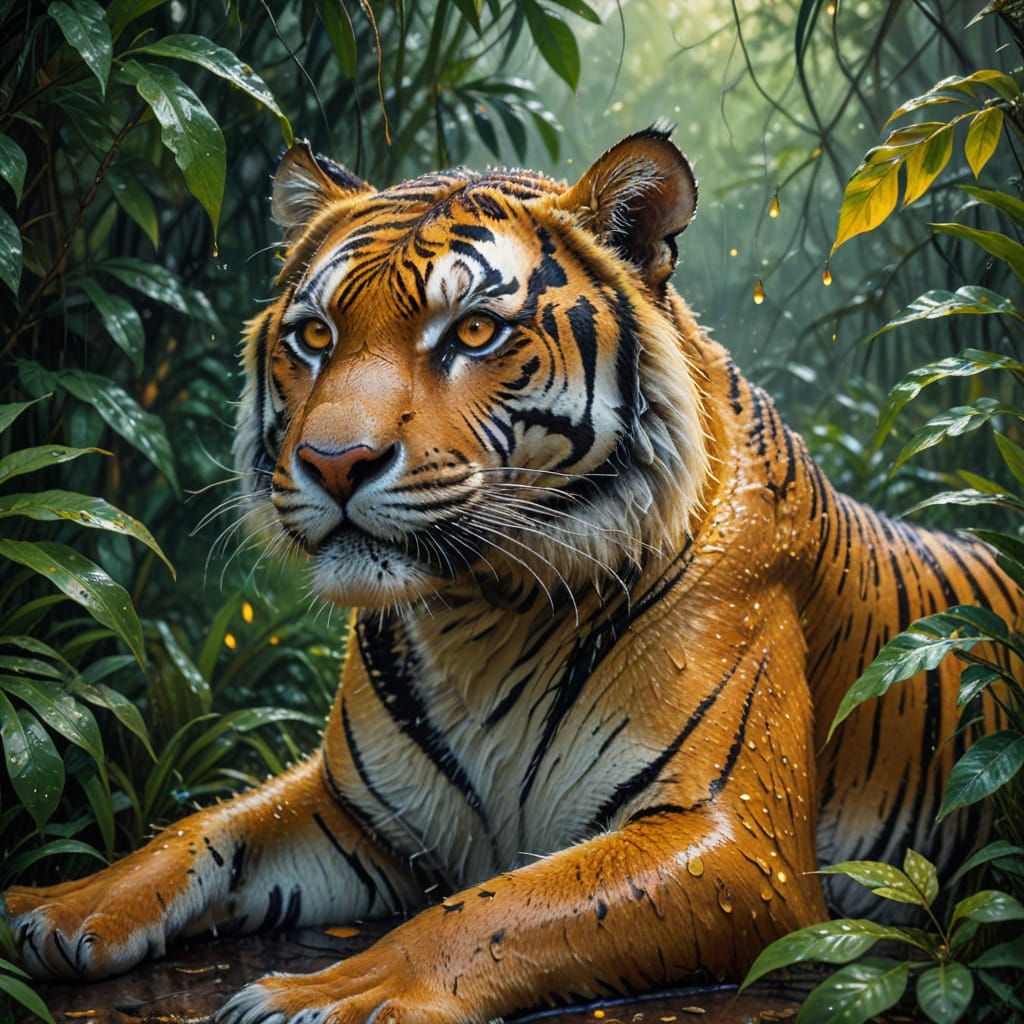 Tiger in Jungle: Oil Painting with Glowing Eyes