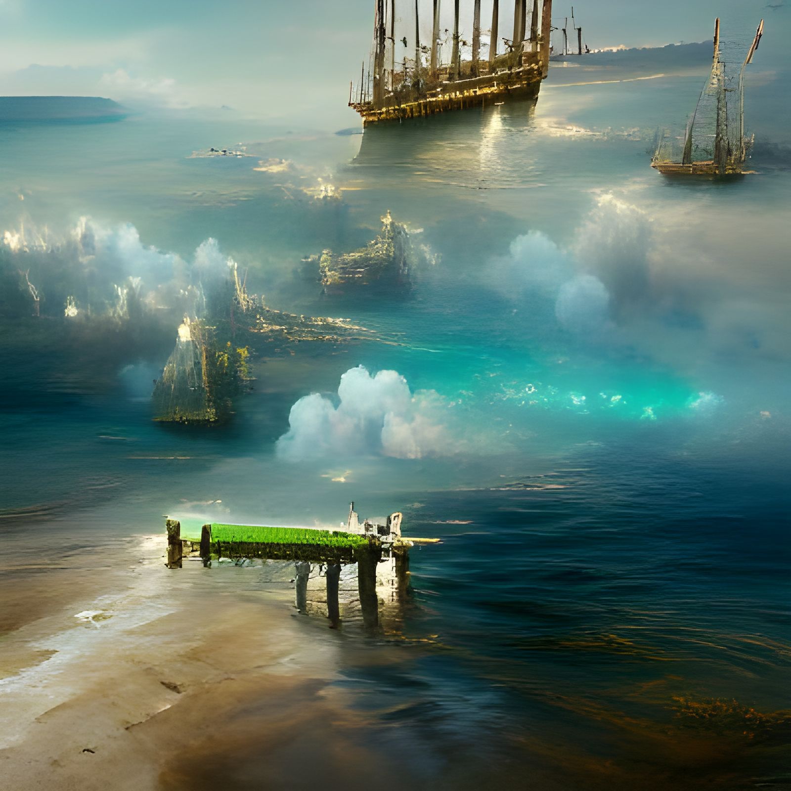 Ocean Pier with Tall Ships: Matte Painting Concept Art