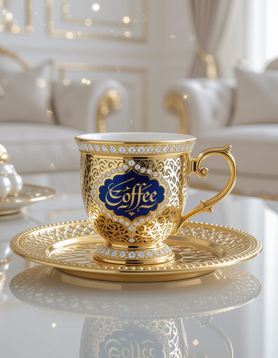 Golden Arabic Coffee Cup with Diamonds in Opulent Style