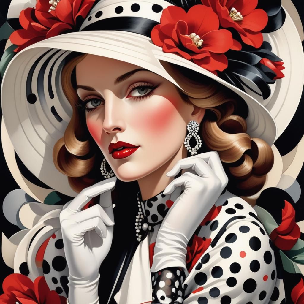 Art Deco Woman in Black Hat with Flowers