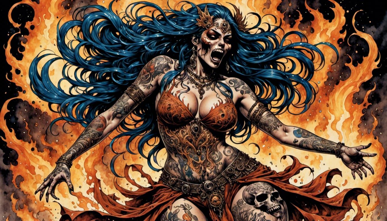 Decaying Tattooed Dancer in 1970s Comic Style