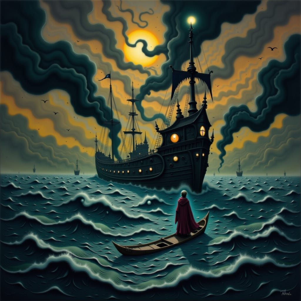 Mystical Vessel in Dark Fantasy Landscape