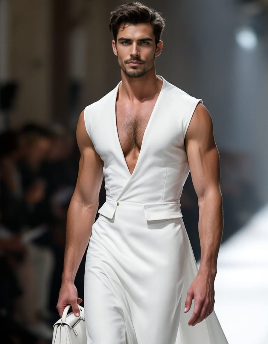 Muscular Model Struts Paris Fashion Week in Haute Couture