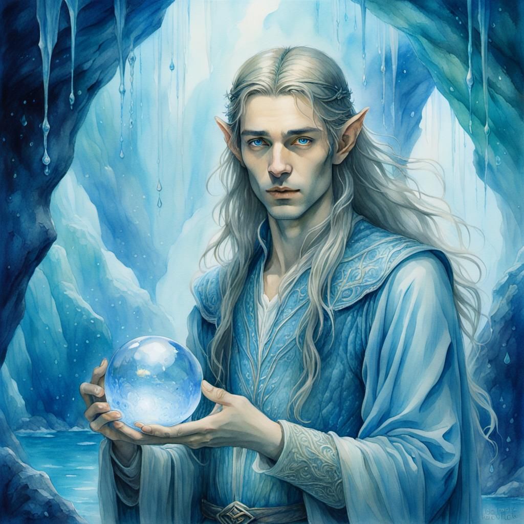Elven Prince in Ethereal Watercolor Cave